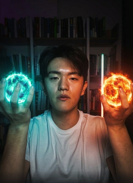 프롬프트 : 양손에 불빛이 나는 공을 들고 있게 만들어줘