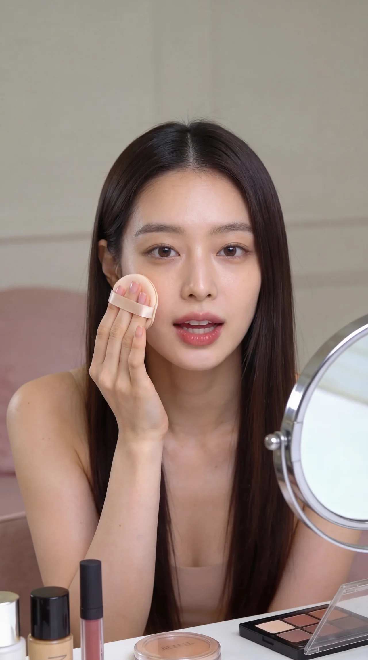 프롬프트 : 파운데이션 쿠션을 하면서 화면 정면을 보면서 자연스럽게 말하고 있어. 포즈도 자연스럽게 다른거로 바꿔줘