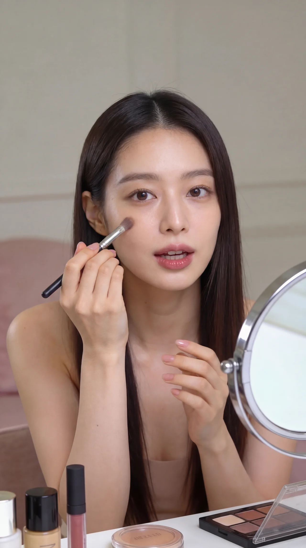 프라이머를 하면서 화면 정면을 보면서 자연스럽게 말하고 있어. 포즈도 자연스럽게 다른거로 바꿔줘